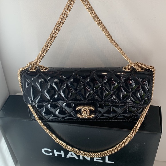 Rare🖤 CHANEL Evening Star East West Glitter Leather Bijoux Soft Gold Quilted Bag - Picture 12 of 16